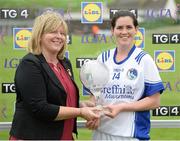 6 August 2016; LGFA President Marie Hickey presents Aisling Doonan of Cavan with the player of the match trophy TG4 All-Ireland Senior Championship match between Cavan and Laois at St Brendan's Park in Birr, Co Offaly. Photo by Matt Browne/Sportsfile