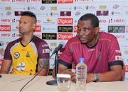 6 August 2016;  Rayad Emrit (L) and head coach Roger Harper (R) of Guyana Amazon Warriors during a press conference before Sunday’s Hero Caribbean Premier League (CPL) - Final between Guyana Amazon Warriors and Jamaica Tallawahs at St. Kitts Marriott Resort & The Royal Beach Casino, St Kitts. Photo by Randy Brooks/Sportsfile