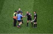6 August 2016; Philip McMahon of Dublin shakes hands with referee Ciarán Branagan after the GAA Football All-Ireland Senior Championship Quarter-Final match between Dublin and Donegal at Croke Park in Dublin. Photo by Daire Brennan/Sportsfile