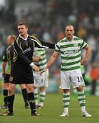 9 October 2010; Conan Byrne, Sporting Fingal, shakes hands with a dejected Chris Turner, Shamrock Rovers, after the game. Airtricity League Premier Division, Shamrock Rovers v Sporting Fingal, Tallaght Stadium, Tallaght. Picture credit: Barry Cregg / SPORTSFILE