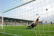9 October 2010; Shamrock Rovers Chris Turner strikes his penalty kick against the bar as Sporting Fingal goalkeeper Brendan Clarke dives to save. Airtricity League Premier Division, Tallaght Stadium, Tallaght. Picture credit: David Maher / SPORTSFILE