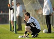 10 October 2010; Magheracloone goalkeeper Shane Duffy watches the game near the goal line area after being substituted with an injury in the second half. Monaghan County Senior Football Championship Final, Clontibret v Magheracloone, Inniskeen, Co. Monaghan. Picture credit: Oliver McVeigh / SPORTSFILE