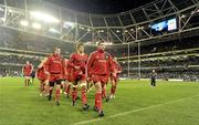 2 October 2010; Munster captain Denis Leamy leads his side from the pitch after their warm-up before the game. Celtic League, Leinster v Munster, Aviva Stadium, Lansdowne Road, Dublin. Picture credit: Brendan Moran / SPORTSFILE
