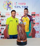 6 August 2016; Shakib Al Hasan (L) of Jamaica Tallawahs and Rayad Emrit (R) of Guyana Amazon Warriors with the trophy during a press conference before Sunday’s Hero Caribbean Premier League (CPL) - Final between Guyana Amazon Warriors and Jamaica Tallawahs at St. Kitts Marriott Resort & The Royal Beach Casino, St Kitts. Photo by Randy Brooks/Sportsfile