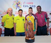 6 August 2016; Head coach Paul Nixon (L) and Shakib Al Hasan (2L) of Jamaica Tallawahs, Rayad Emrit (2R) and head coach Roger Harper (R) of Guyana Amazon Warriors with the trophy during a press conference before Sunday’s Hero Caribbean Premier League (CPL) - Final between Guyana Amazon Warriors and Jamaica Tallawahs at St. Kitts Marriott Resort & The Royal Beach Casino, St Kitts. Photo by Randy Brooks/Sportsfile