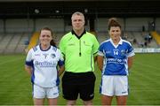 6 August 2016; Referee Des McEnery with Sinead Greene captain of Cavan and Aisling Doonan captain of Laois during the TG4 All-Ireland Senior Championship match between Cavan and Laois at St Brendan's Park in Birr, Co Offaly. Photo by Matt Browne/Sportsfile