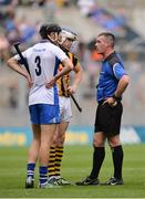 7 August 2016; Referee James Owens in coversation with Barry Coughlan of Waterford and TJ Reid of Kilkenny before showing them both the yellow card after the half-time whistle during the GAA Hurling All-Ireland Senior Championship Semi-Final match between Kilkenny and Waterford at Croke Park in Dublin. Photo by Piaras Ó Mídheach/Sportsfile