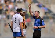 7 August 2016; Referee James Owens shows the yellow card to Barry Coughlan of Waterford and TJ Reid of Kilkenny after the half-time whistle during the GAA Hurling All-Ireland Senior Championship Semi-Final match between Kilkenny and Waterford at Croke Park in Dublin. Photo by Piaras Ó Mídheach/Sportsfile