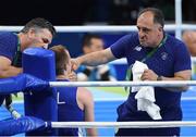 7 August 2016; IABA High Performance head coach Zaur Antia passes on instructions to Steven Donnelly of Ireland during his bout against Zohir Kedache of Algeri in the Riocentro Pavillion 6 Arena, Barra da Tijuca, during the 2016 Rio Summer Olympic Games in Rio de Janeiro, Brazil. Photo by Ramsey Cardy/Sportsfile