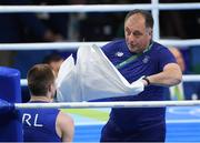 7 August 2016; IABA High Performance head coach Zaur Antia passes on instructions to Steven Donnelly of Ireland during his bout against Zohir Kedache of Algeri in the Riocentro Pavillion 6 Arena, Barra da Tijuca, during the 2016 Rio Summer Olympic Games in Rio de Janeiro, Brazil. Photo by Ramsey Cardy/Sportsfile