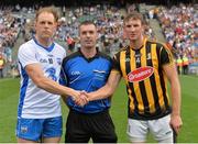 7 August 2016; Team captains Kevin Moran of Waterford and Shane Prendergast of Kilkenny with referee James Owens before the GAA Hurling All-Ireland Senior Championship Semi-Final match between Kilkenny and Waterford at Croke Park in Dublin. Photo by Eóin Noonan/Sportsfile
