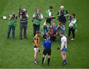 7 August 2016; Kilkenny captain Shane Prendergast and Waterford captain Kevin Moran with referee James Owens ahead of the GAA Hurling All-Ireland Senior Championship Semi-Final match between Kilkenny and Waterford at Croke Park in Dublin. Photo by Daire Brennan/Sportsfile