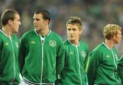 8 October 2010; Kevin Doyle, Republic of Ireland, with team-mates, from left, Richard Dunne, John O'Shea, and Paul Green. EURO 2012 Championship Qualifier, Group B, Republic of Ireland v Russia, Aviva Stadium, Lansdowne Road, Dublin. Picture credit: Brian Lawless / SPORTSFILE