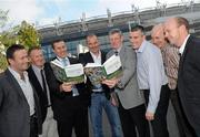 12 October 2010; &quot;Voices from Croke Park&quot;, a book containing essays charting the journey of 12 true GAA greats who pursued that elusive glory in Ireland's greatest sporting Arena, was launched today by GPA Chairman Dónal Óg Cusack. Attending the launch are, from left, Bernard Flynn, Meath football, Tony Keady, Galway hurling, Ciaran Whelan, Dublin football, Liam McHale, Mayo football, Eamonn O'Donoghue, Cork hurling, Gerard McGrattan, Down hurling, Anthony Molloy, Donegal football, and Peter Canavan, Tyrone football, who are all featured in the book. The Croke Park Hotel, Jones's Road, Dublin. Picture credit: Brian Lawless / SPORTSFILE