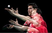 7 August 2016; Robert Gardos of Austria in action against Ovidiu Ionescu of Romania in the Riocentro Pavillion 4 Arena, Barra da Tijuca, during the 2016 Rio Summer Olympic Games in Rio de Janeiro, Brazil. Photo by Ramsey Cardy/Sportsfile