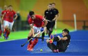 7 August 2016; Mark Gleghorne of Great Britain in action against Shea McAleese of New Zealand during their Pool B match at the Olympic Hockey Centre, Deodoro, during the 2016 Rio Summer Olympic Games in Rio de Janeiro, Brazil. Photo by Brendan Moran/Sportsfile