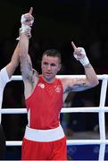 7 August 2016; David Oliver Joyce of Ireland celebrates after beating Andrique Allisop of Seychelles in their Lightweight preliminary round of 32 bout in the Riocentro Pavillion 6 Arena, Barra da Tijuca, during the 2016 Rio Summer Olympic Games in Rio de Janeiro, Brazil. Photo by Ramsey Cardy/Sportsfile