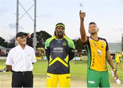 7 August 2016;  Rayad Emrit (R) of Guyana Amazon Warriors toss the coin as Chris Gayle (C) of Jamaica Tallawahs and match referee Dev Govindjee (L) look on at the start of Match 34 of the Hero Caribbean Premier League (CPL) – Final at Warner Park in Basseterre, St Kitts. Photo by Randy Brooks/Sportsfile