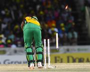 7 August 2016;  Steven Jacobs of Guyana Amazon Warriors bowled by Kesrick Williams of Jamaica Tallawahs during Match 34 of the Hero Caribbean Premier League (CPL) – Final at Warner Park in Basseterre, St Kitts. Photo by Randy Brooks/Sportsfile