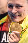 7 August 2016; Sarah Sjöström of Sweden celebrates with her gold medal after winning the Women's 100m Butterfly Final at the Olympic Aquatic Stadium during the 2016 Rio Summer Olympic Games in Rio de Janeiro, Brazil. Photo by Stephen McCarthy/Sportsfile