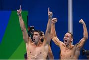 7 August 2016; Michael Phelps, left, and Caeleb Dressel of USA celebrate winning the final of the Men's 4 x 100m Freestyle Relay at the Olympic Aquatic Stadium during the 2016 Rio Summer Olympic Games in Rio de Janeiro, Brazil.