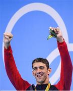 7 August 2016; Team USA's Michael Phelps after his team won the Men's 4 x 100m Freestyle Relay at the Olympic Aquatic Stadium during the 2016 Rio Summer Olympic Games in Rio de Janeiro, Brazil. Photo by Stephen McCarthy/Sportsfile