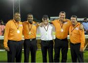 7 August 2016;  Umpires Wycliffe Mitchum, left, Leslie Reifer, second left, Johan Cloete, second right, John Ward, right, and match referee Dev Govindjee, centre, at the end of Match 34 of the Hero Caribbean Premier League (CPL) – Final at Warner Park in Basseterre, St Kitts. Photo by Randy Brooks/Sportsfile