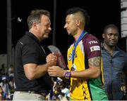 7 August 2016; Tournament Runner Up medals for Rayad Emrit of Guyana Amazon Warriors from CPL Chief Operations Officer, Pete Russell, left, at the end of Match 34 of the Hero Caribbean Premier League (CPL) – Final at Warner Park in Basseterre, St Kitts. Photo by Randy Brooks/Sportsfile
