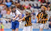 7 August 2016; Amy Kehoe, Ballygunner NS, Ballygunner, Waterford, in action against Annie Madden, St. Brigid’s, Knockloughrim, Derry, centre, and Sinéad Mannion, Tisara NS, Four Roads, Roscommon, both representing Kilkenny, during the INTO Cumann na mBunscol GAA Respect Exhibition Go Games at the Kilkenny v Waterford GAA Hurling All-Ireland Senior Championship Semi-Final at Croke Park in Dublin. Photo by Piaras Ó Mídheach/Sportsfile