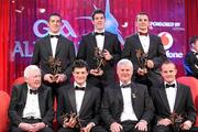15 October 2010; Ulster GAA Football All-Star award winners, from left, Philip Jordan, Tyrone, Martin Clarke, Down, Brendan McVeigh, Down, Danny Hughes, Down, and Benny Coulter, Down, with former GAA President Paddy McFlynn and Ulster GAA President Aogan Farrell during the 2010 GAA All-Stars Awards, sponsored by Vodafone. Citywest Hotel & Conference Centre, Saggart, Co. Dublin. Picture credit: Brendan Moran / SPORTSFILE