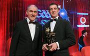 15 October 2010; Tyrone manager Mickey Harte and Philip Jordan with his GAA Hurling All-Star awards during the 2010 GAA All-Stars Awards, sponsored by Vodafone. Citywest Hotel & Conference Centre, Saggart, Co. Dublin. Picture credit: Oliver McVeigh / SPORTSFILE