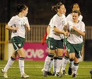 18 October 2010; Katie McCabe, Republic of Ireland, centre, is congratulated by team-mate Lauren Cavanagh after scoring her side's third goal. UEFA European Women's U17 Championship First Qualifying Round, FYR Macedonia v Republic of Ireland, Seaview, Belfast, Co. Antrim. Picture credit: Oliver McVeigh / SPORTSFILE