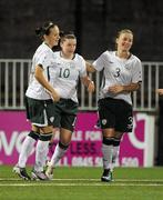 18 October 2010; Clare Shine, Republic of Ireland, centre, is congratulated by team-mates Katie McCabe and Chloe Mustaki after scoring her side's fourth goal. UEFA European Women's U17 Championship First Qualifying Round, FYR Macedonia v Republic of Ireland, Seaview, Belfast, Co. Antrim. Picture credit: Oliver McVeigh / SPORTSFILE