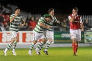 19 October 2010; Chris Turner, Shamrock Rovers, celebrates with team-mates Gary Twigg, right, and Billy Dennehy, left, after scoring his side's first goal. FAI Ford Cup Semi-Final Replay, St Patrick's Athletic v Shamrock Rovers, Richmond Park, Inchicore, Dublin. Picture credit: Brian Lawless / SPORTSFILE