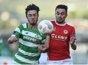 8 August 2016; Shane Hanney of Shamrock Rovers in action against Mark Timlin of St Patrick's Athletic in the EA Sports Cup semi final at Tallaght Stadium in Tallaght, Dublin.  Photo by David Maher/Sportsfile