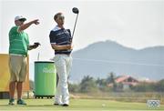 9 August 2016; Seamus Power of Ireland consults with his caddy John Rathouz during a practice round ahead of the Men's Strokeplay competition at the Olympic Golf Course, Barra de Tijuca, during the 2016 Rio Summer Olympic Games in Rio de Janeiro, Brazil. Photo by Brendan Moran/Sportsfile
