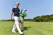 9 August 2016; Padraig Harrington of Ireland with his caddy Ronan Flood during a practice round ahead of the Men's Strokeplay competition at the Olympic Golf Course, Barra de Tijuca, during the 2016 Rio Summer Olympic Games in Rio de Janeiro, Brazil. Photo by Brendan Moran/Sportsfile