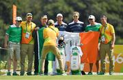 9 August 2016; Padraig Harrington and Seamus Power of Ireland pose for a photo with Irish greenkeepers during a practice round ahead of the Men's Strokeplay competition at the Olympic Golf Course, Barra de Tijuca, during the 2016 Rio Summer Olympic Games in Rio de Janeiro, Brazil. Photo by Brendan Moran/Sportsfile