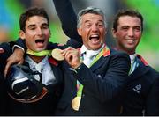 9 August 2016; Gold medalists, from left, Astier Nicolas, Karim Laghouag and Mathieu Lemoine of France following the Eventing Team Jumping Final at the Olympic Equestrian Centre, Deodoro, during the 2016 Rio Summer Olympic Games in Rio de Janeiro, Brazil. Photo by Stephen McCarthy/Sportsfile