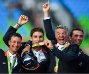 9 August 2016; Gold medalists, from left, Thibaut Vallette, Astier Nicolas, Karim Laghouag and Mathieu Lemoine of France following the Eventing Team Jumping Final at the Olympic Equestrian Centre, Deodoro, during the 2016 Rio Summer Olympic Games in Rio de Janeiro, Brazil. Photo by Stephen McCarthy/Sportsfile