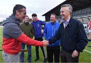 9 August 2016; The two managers, jockey Davy Russell, left, and horse trainer Jim Bolger shake hands at the end of the game as Clare manager Davy Fitzgerald looks on after the fifth annual Hurling for Cancer Research, a celebrity hurling match in aid of the Irish Cancer Society in St Conleth’s Park, Newbridge. Ireland's top GAA and horseracing stars lined out for the game, organised by horseracing trainer Jim Bolger and National Hunt jockey Davy Russell. To date the event has raised €400,000 for the Irish Cancer Society, the leading voluntary funder of cancer research in Ireland. St Conleth’s Park, Newbridge, Kildare. Photo by David Maher/Sportsfile