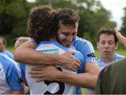 9 August 2016; Lucas Ruiz Cogat of Argentina celebrates with team-mate Lucas Cayetano Daels after beating Chicago during the Etihad Airways GAA World Games 2016 - Day 1 at UCD in Dublin. Photo by Cody Glenn/Sportsfile