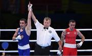 9 August 2016; Albert Selimov, left, of Azerbaijan is declared the winner over David Oliver Joyce of Ireland after their Lightweight preliminary round of 32 bout in the Riocentro Pavillion 6 Arena, Barra da Tijuca, during the 2016 Rio Summer Olympic Games in Rio de Janeiro, Brazil. Photo by Ramsey Cardy/Sportsfile
