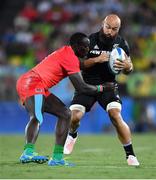 9 August 2016; DJ Forbes of New Zealand is tackled by Collins Injera of Kenya during the Men's Pool A Rugby Sevens match between New Zealand and Kenya at the Deodoro Stadium during the 2016 Rio Summer Olympic Games in Rio de Janeiro, Brazil. Photo by Stephen McCarthy/Sportsfile