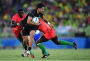 9 August 2016; Akira Ioane of New Zealand is tackled by Collins Injera, left, and Andrew Amonde of Kenya during the Men's Pool A Rugby Sevens match between New Zealand and Kenya at the Deodoro Stadium during the 2016 Rio Summer Olympic Games in Rio de Janeiro, Brazil. Photo by Stephen McCarthy/Sportsfile