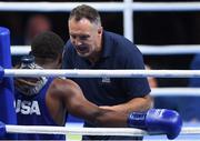 9 August 2016; USA boxing coach Billy Walsh issues instructions to Charles Albert Conwell of USA during the men's middleweight preliminaries in the Riocentro Pavillion 6 Arena, Barra da Tijuca, during the 2016 Rio Summer Olympic Games in Rio de Janeiro, Brazil. Photo by Ramsey Cardy/Sportsfile