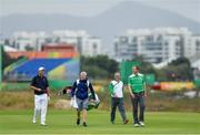 10 August 2016; Padraig Harrington of Ireland with team-mate Seamus Power, right, caddy Ronan Flood and Team Ireland captain Paul McGinley during a practice round ahead of the Men's Strokeplay competition at the Olympic Golf Course, Barra de Tijuca, during the 2016 Rio Summer Olympic Games in Rio de Janeiro, Brazil. Photo by Brendan Moran/Sportsfile