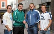 20 October 2010; Ireland Rugby players Gordon D’Arcy, left, Jamie Heaslip and Luke Fitzgerald, right, wish fellow puma ambassador Michael Murphy of Donegal good luck in his International Rules debut taking place in Limerick this Saturday. South Anne Street, Dublin. Picture credit: Brendan Moran / SPORTSFILE