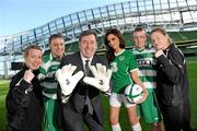 21 October 2010; Irish legend and FAI Technical Director Packie Bonner, and model Nadia Forde, with club players, from left, Rebecca Creagh from Walkinstown, Raheny United, Gavin Jenkinson, from Whitehall, Whitehall Celtic, Barry Walsh, from Santry, Whitehall Celtic, and Rachell Graham, from Donaghmede, Raheny United, as they launch a new club programme from Irish Football sponsors 3 which allows any footballl club playing in an FAI affiliated league to earn some extra money by signing up with 3. For every player/member/supporter who switches to 3 the club will receive a sign-on bonus. Then if they remain with 3 a loyalty payment will be paid to the club every quarter. For example, if a club manages to switch 200 people, they could earn more than €6000 next year. For more details on this and other 3 football news including priority ticketing for home internationals visit www.3football.ie/clubs. Aviva Stadium, Lansdowne Road, Dublin. Picture credit: Brian Lawless / SPORTSFILE