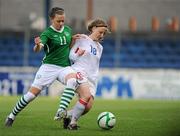 21 October 2010; Katie McCabe, Republic of Ireland, in action against Dominika Polackova, Czech Republic. UEFA European Women's U17 Championship First Qualifying Round, Republic of Ireland v Czech Republic, Mourneview Park, Lurgan, Co. Armagh. Picture credit: Oliver McVeigh / SPORTSFILE